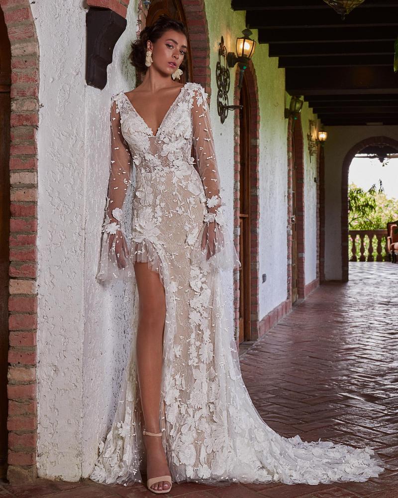 Lp2314 sexy lace boho wedding dress with sleeves and slit3
